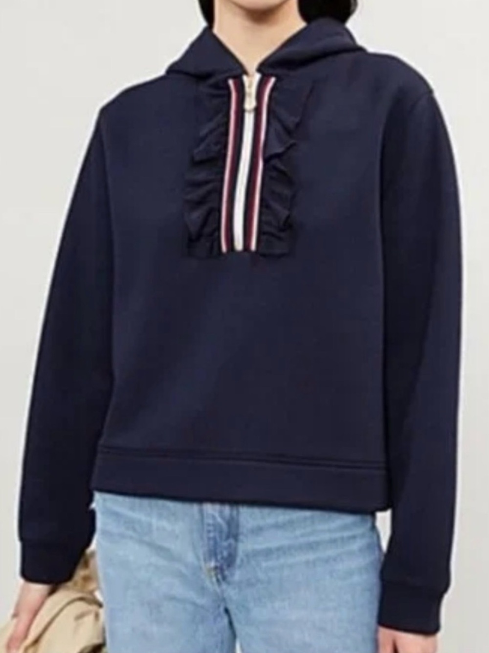 Sandro Paris Size 1 Navy Hooded Pullover with Stripe Zip and Ruffle Trim